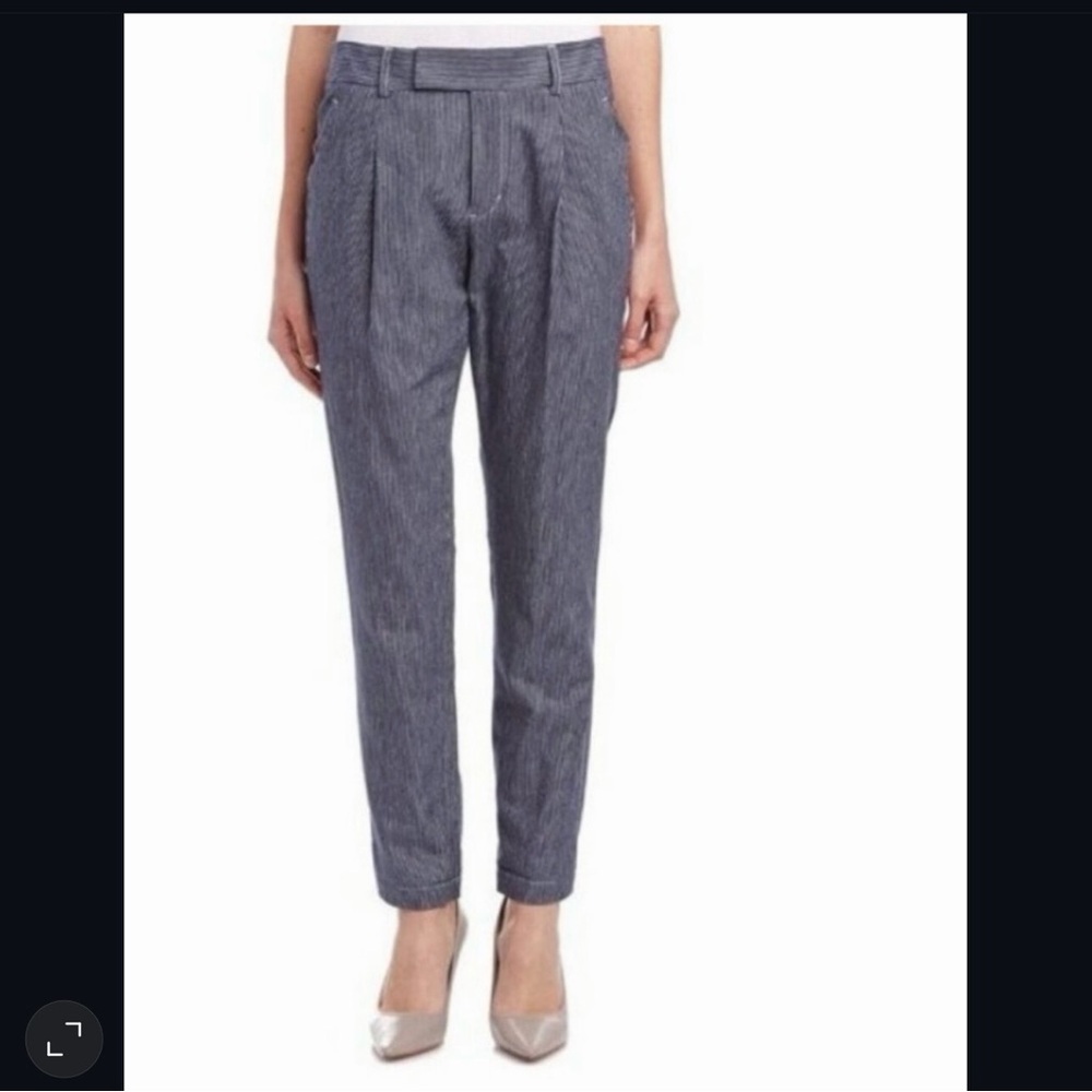 VINCE Hickory Railroad‎ Stripe Pleated Ankle Pant Womens 2 Navy Tapered Leg